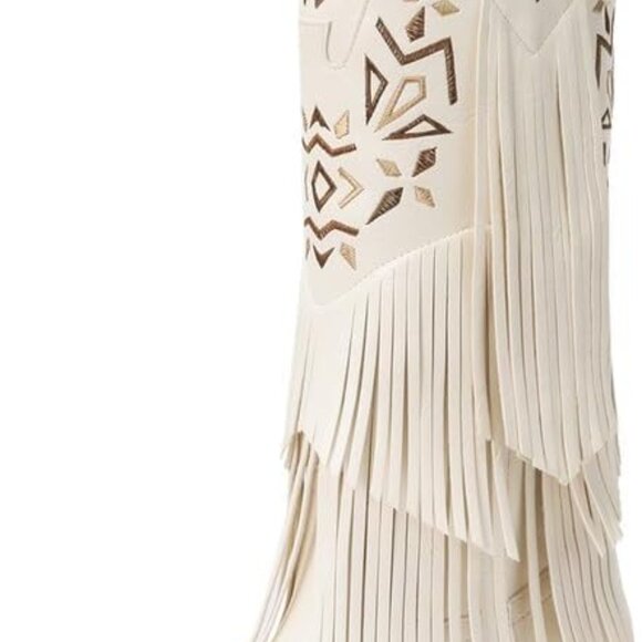Cowgirl Boots Womens Fringe Knee High Faux Leather Embroidery Pointed Toe - Picture 1 of 6